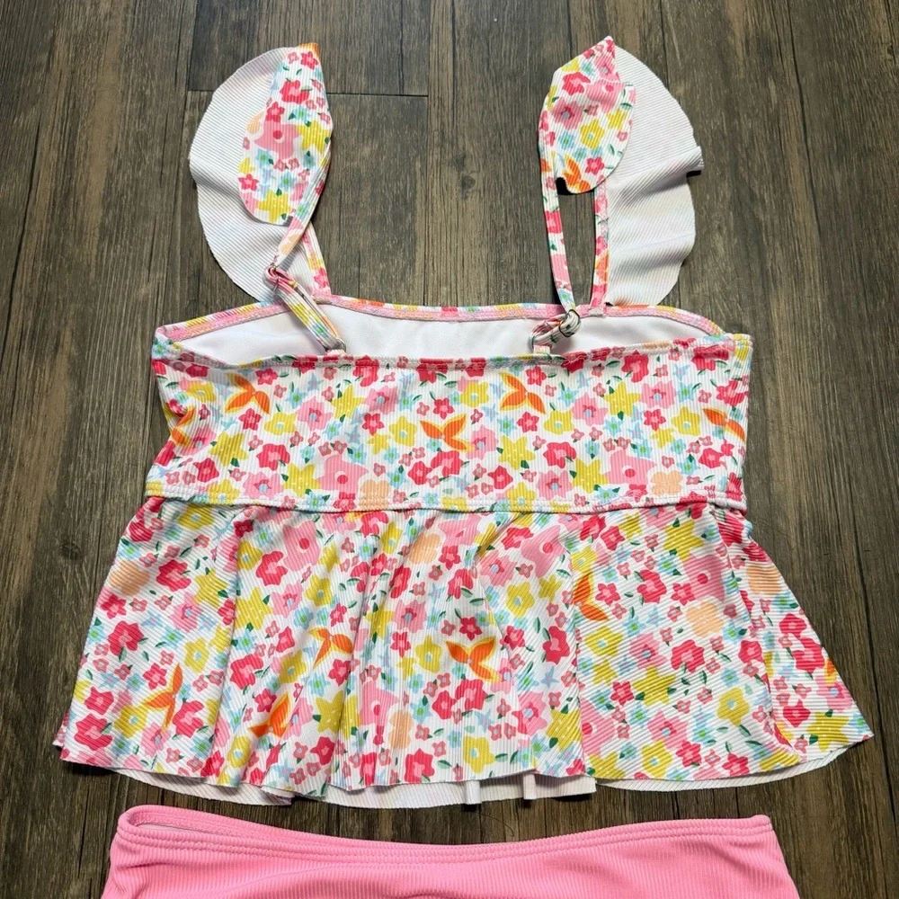Girls' Pink Red Floral Tankini Set Two-Piece Swimwear Ruffle Straps Stretch 14